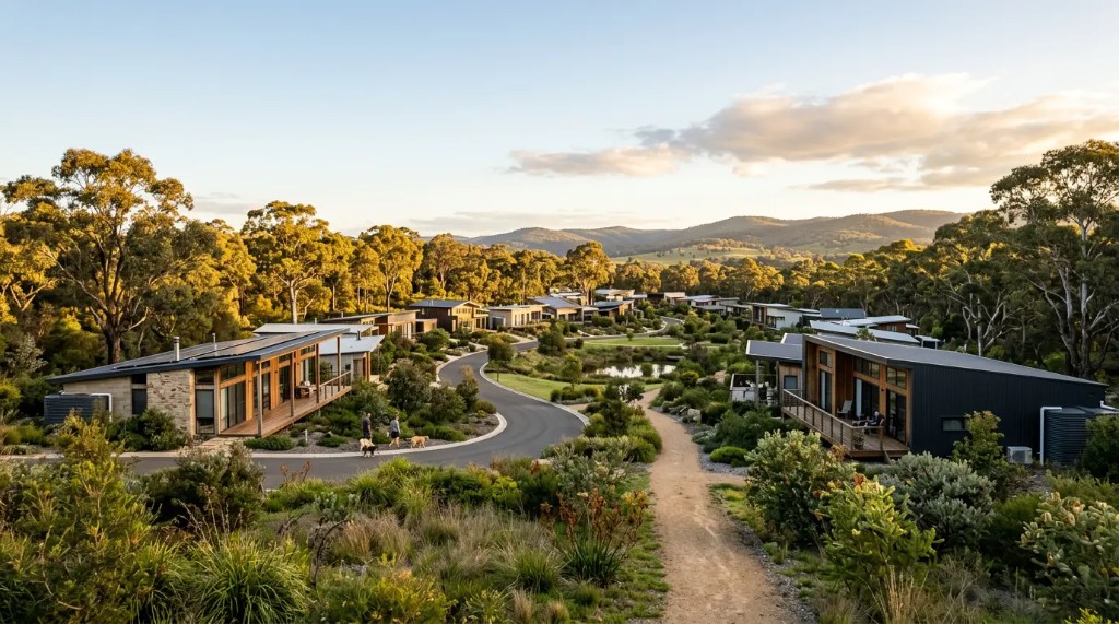 Sustainable residential community in a natural landscape, artist impression