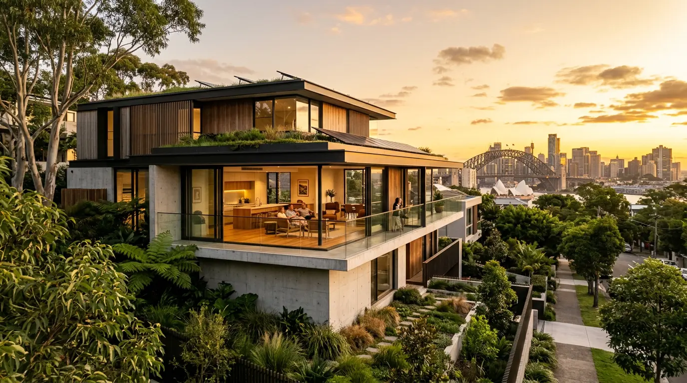 Modern sustainable architecture against the Australian landscape