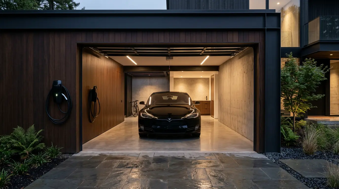 EV charging in a modern home garage, artist impression