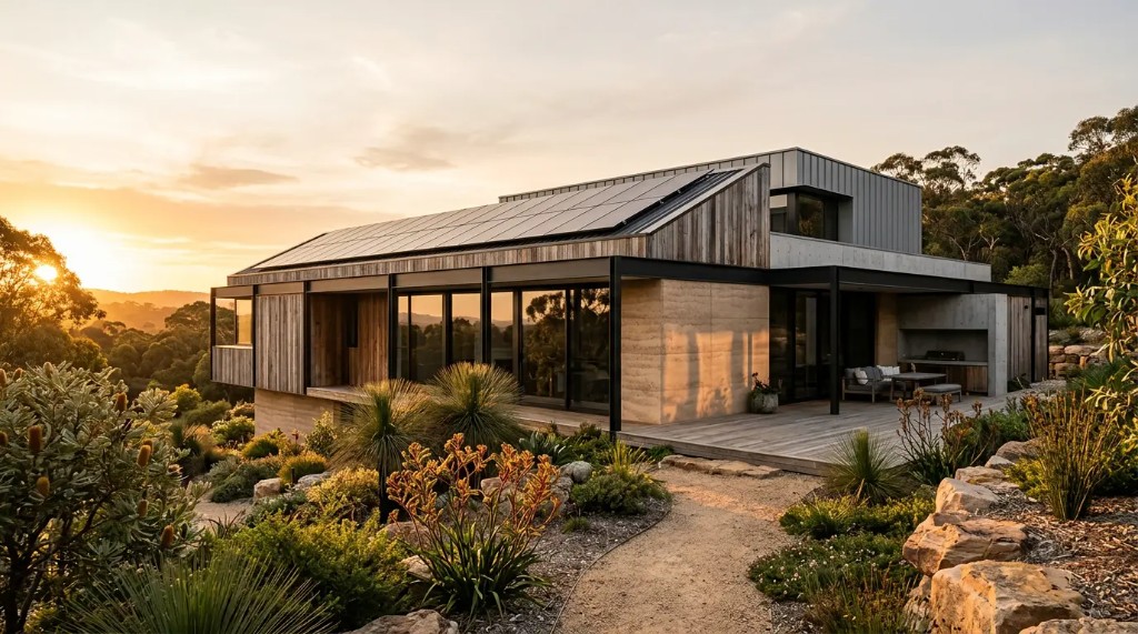 Modern sustainable home at sunset, Australian landscape, artist impression